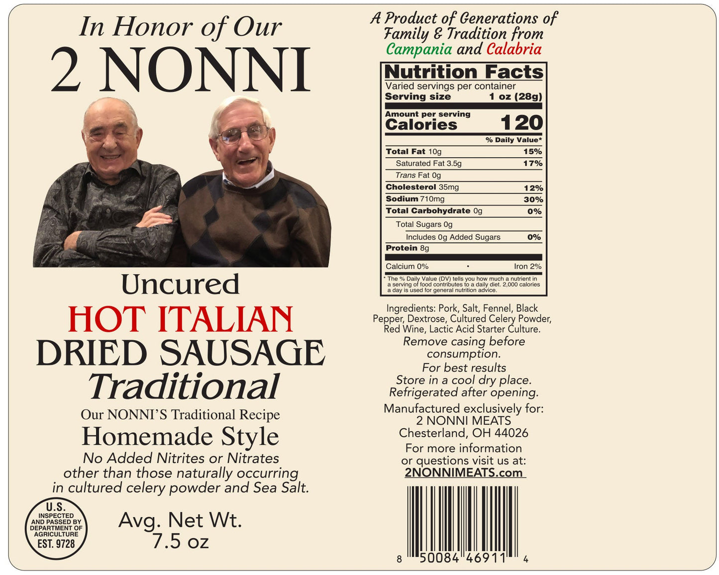 Uncured Traditional style HOT Italian Dried Sausage