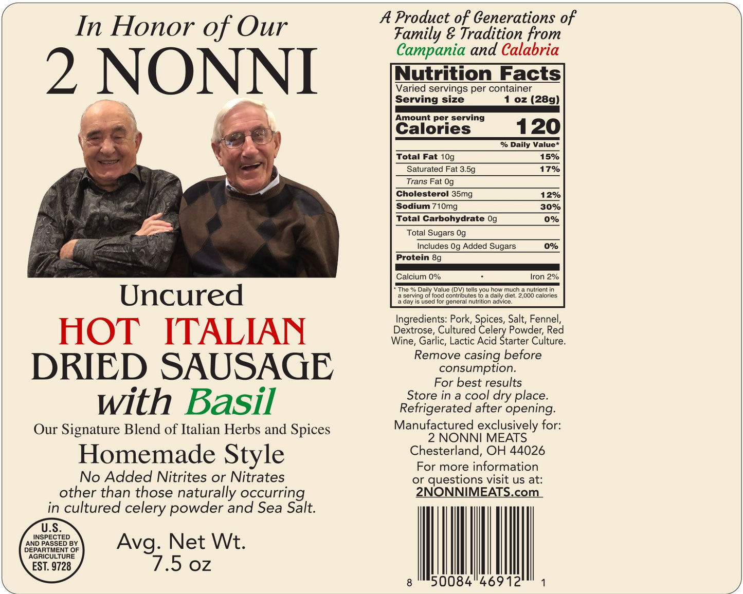 Uncured Hot Italian Dried Sausage with Basil