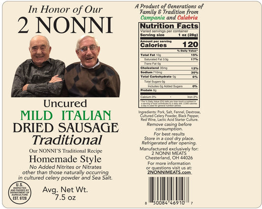 Uncured Traditional style Mild Italian Dried Sausage