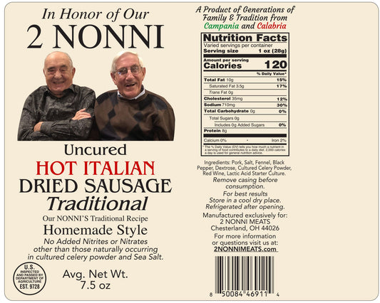 Uncured Traditional style HOT Italian Dried Sausage
