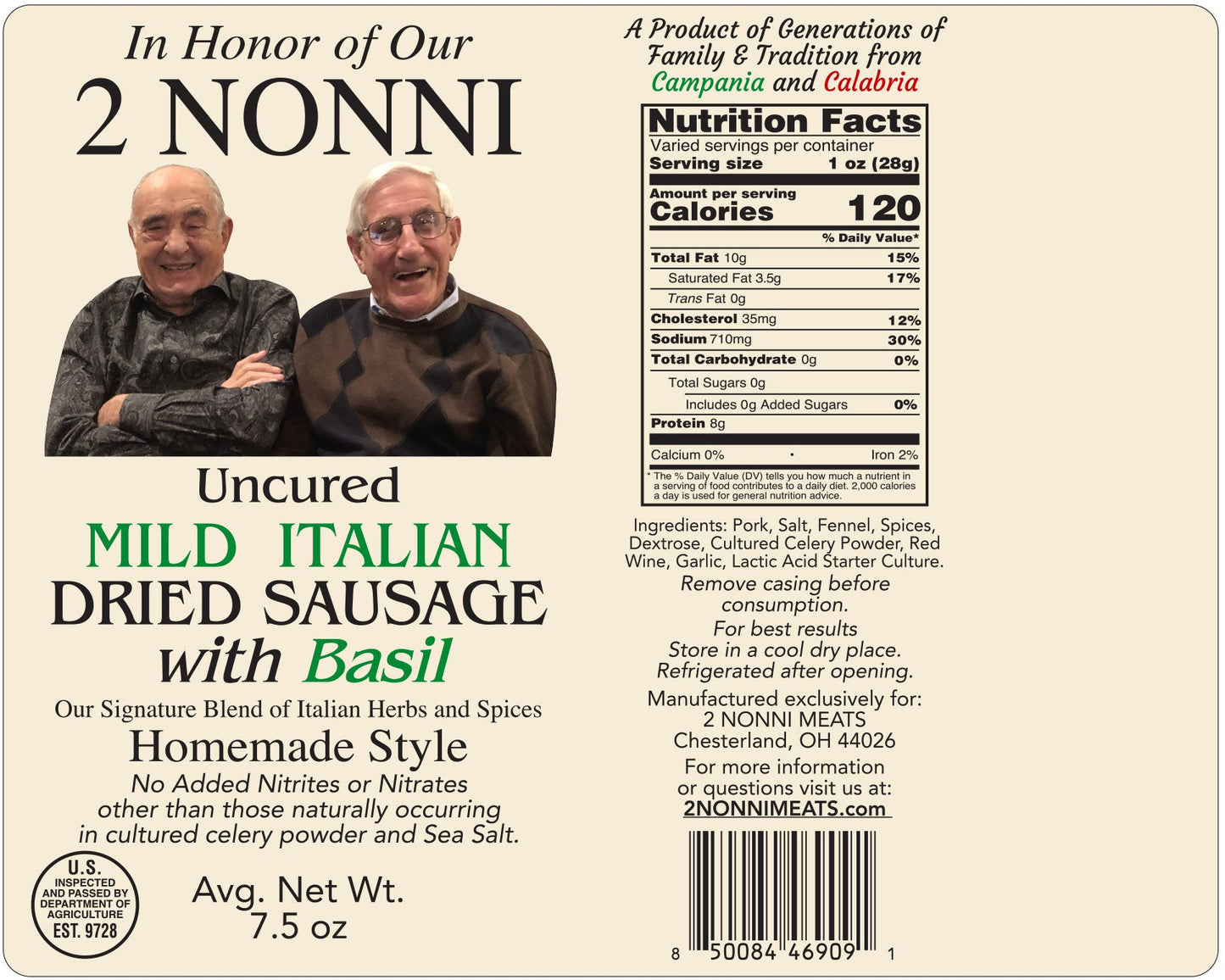 Uncured Mild Italian Dried Sausage with Basil