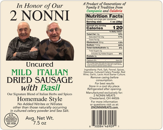 Uncured Mild Italian Dried Sausage with Basil