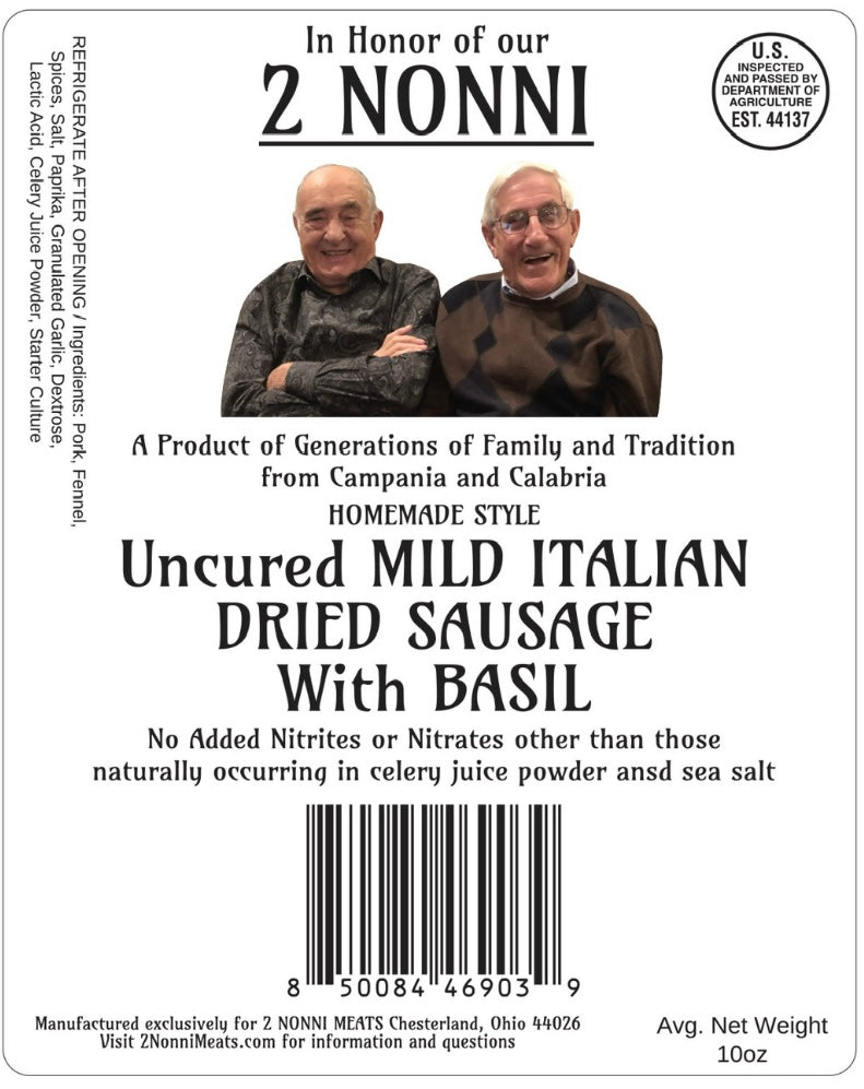 Uncured Mild Italian Dried Sausage with Basil
